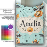 Cute Halloween Bats Sitting on Pumpkins with Stars Teal Background  Personalised Custom Name Super Soft Fleece Blanket Bed Sofa Throw