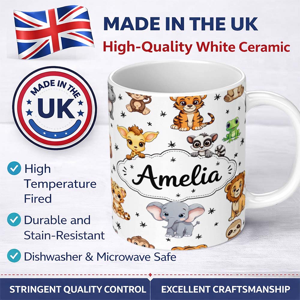 Personalized Custom Name Cute Jungle Baby Animals Lion Tiger Elephant Giraffe Pattern Grey 11oz Ceramic Coffee Tea Mug White Large Handle