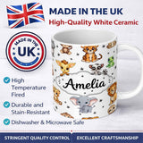 Personalized Custom Name Cute Jungle Baby Animals Lion Tiger Elephant Giraffe Pattern Grey 11oz Ceramic Coffee Tea Mug White Large Handle