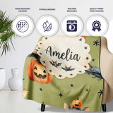 Cute Halloween Bats Sitting on Pumpkins with Stars Olive Background  Personalised Custom Name Super Soft Fleece Blanket Bed Sofa Throw