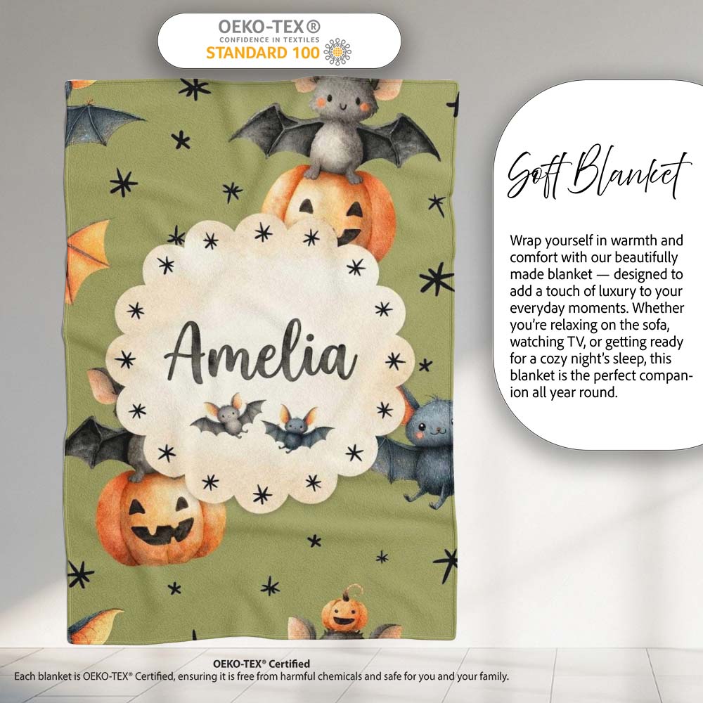 Cute Halloween Bats Sitting on Pumpkins with Stars Olive Background  Personalised Custom Name Super Soft Fleece Blanket Bed Sofa Throw