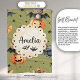 Cute Halloween Bats Sitting on Pumpkins with Stars Olive Background  Personalised Custom Name Super Soft Fleece Blanket Bed Sofa Throw