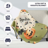 Cute Halloween Bats Sitting on Pumpkins with Stars Olive Background  Personalised Custom Name Super Soft Fleece Blanket Bed Sofa Throw