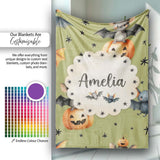 Cute Halloween Bats Sitting on Pumpkins with Stars Olive Background  Personalised Custom Name Super Soft Fleece Blanket Bed Sofa Throw