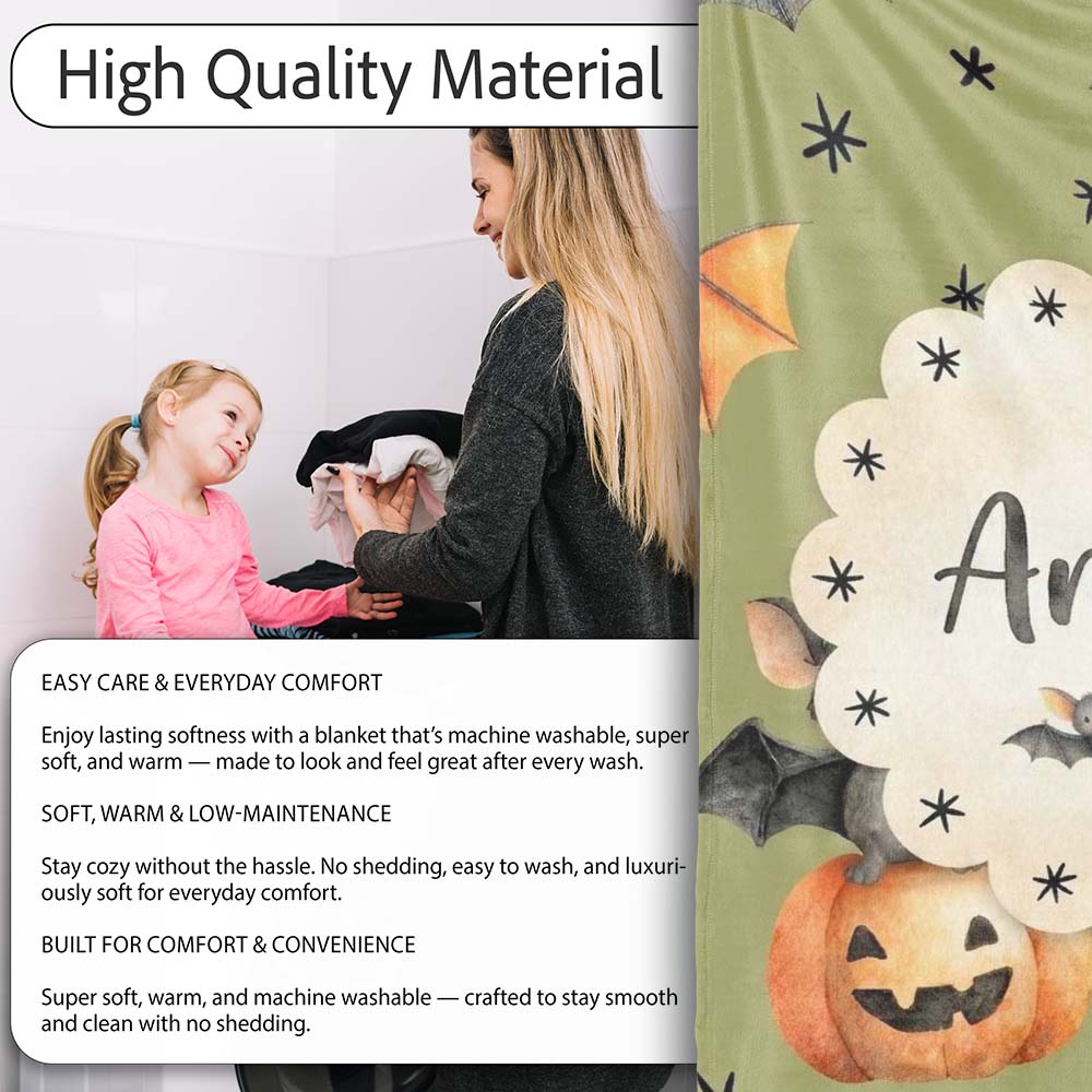 Cute Halloween Bats Sitting on Pumpkins with Stars Olive Background  Personalised Custom Name Super Soft Fleece Blanket Bed Sofa Throw
