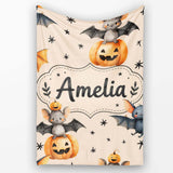 Cute Halloween Bats Sitting on Pumpkins with Stars Beige Background  Personalised Custom Name Super Soft Fleece Blanket Bed Sofa Throw