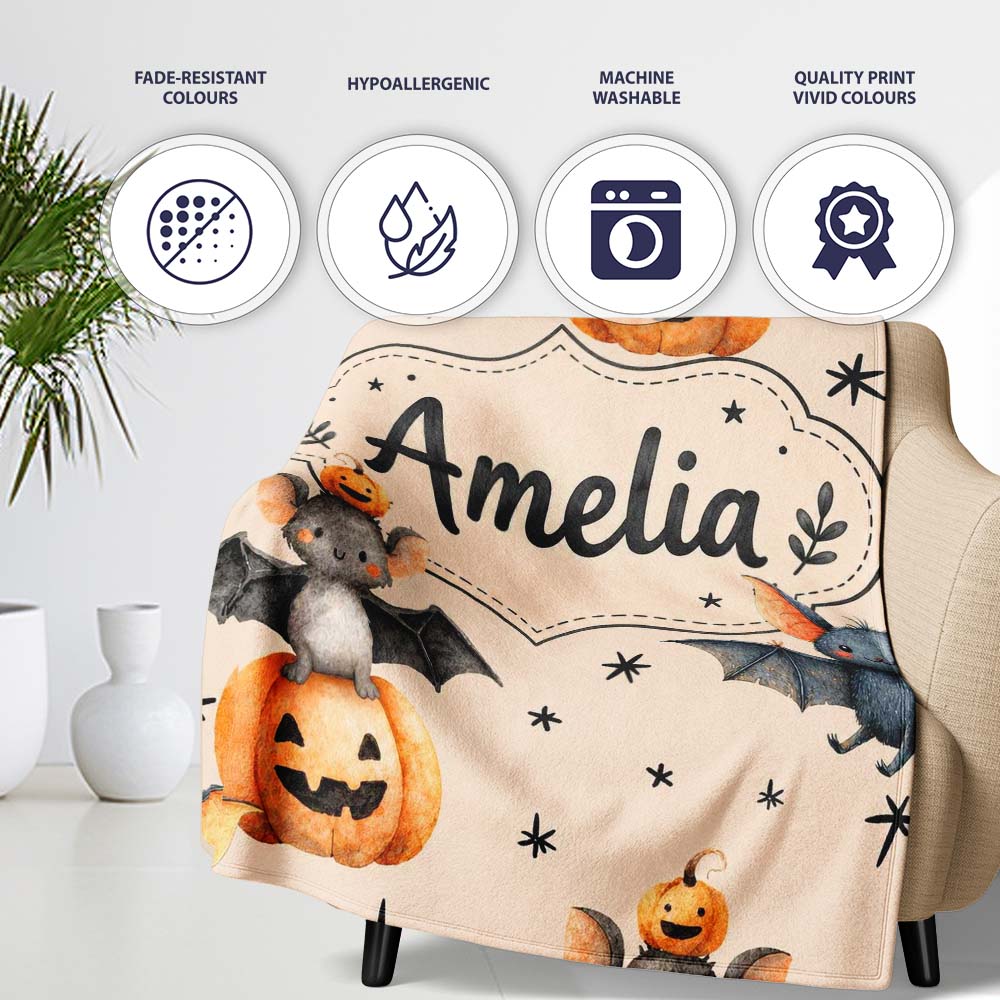 Cute Halloween Bats Sitting on Pumpkins with Stars Beige Background  Personalised Custom Name Super Soft Fleece Blanket Bed Sofa Throw