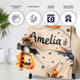 Cute Halloween Bats Sitting on Pumpkins with Stars Beige Background  Personalised Custom Name Super Soft Fleece Blanket Bed Sofa Throw