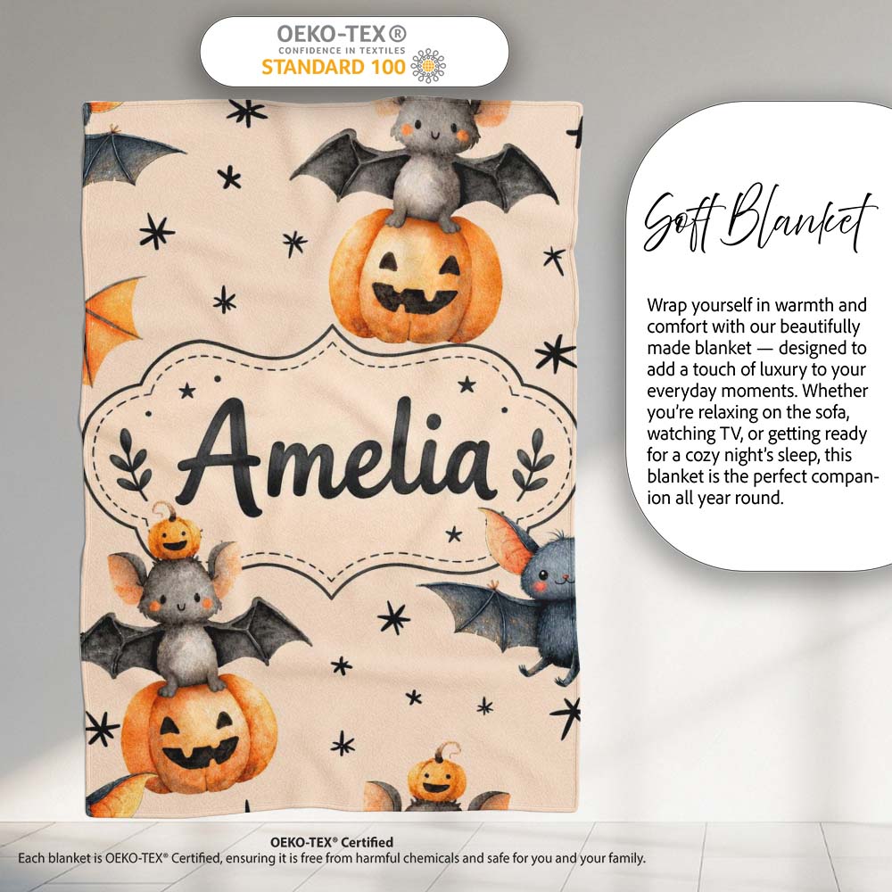 Cute Halloween Bats Sitting on Pumpkins with Stars Beige Background  Personalised Custom Name Super Soft Fleece Blanket Bed Sofa Throw