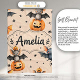 Cute Halloween Bats Sitting on Pumpkins with Stars Beige Background  Personalised Custom Name Super Soft Fleece Blanket Bed Sofa Throw