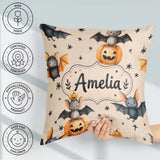 Custom Name Bats Sitting on Pumpkins with Stars Beige Background Square Filled Cushion Throw Pillow Sofa Bed Home Decor Zip Washable UK Made