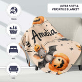 Cute Halloween Bats Sitting on Pumpkins with Stars Beige Background  Personalised Custom Name Super Soft Fleece Blanket Bed Sofa Throw