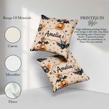 Custom Name Bats Sitting on Pumpkins with Stars Beige Background Square Filled Cushion Throw Pillow Sofa Bed Home Decor Zip Washable UK Made