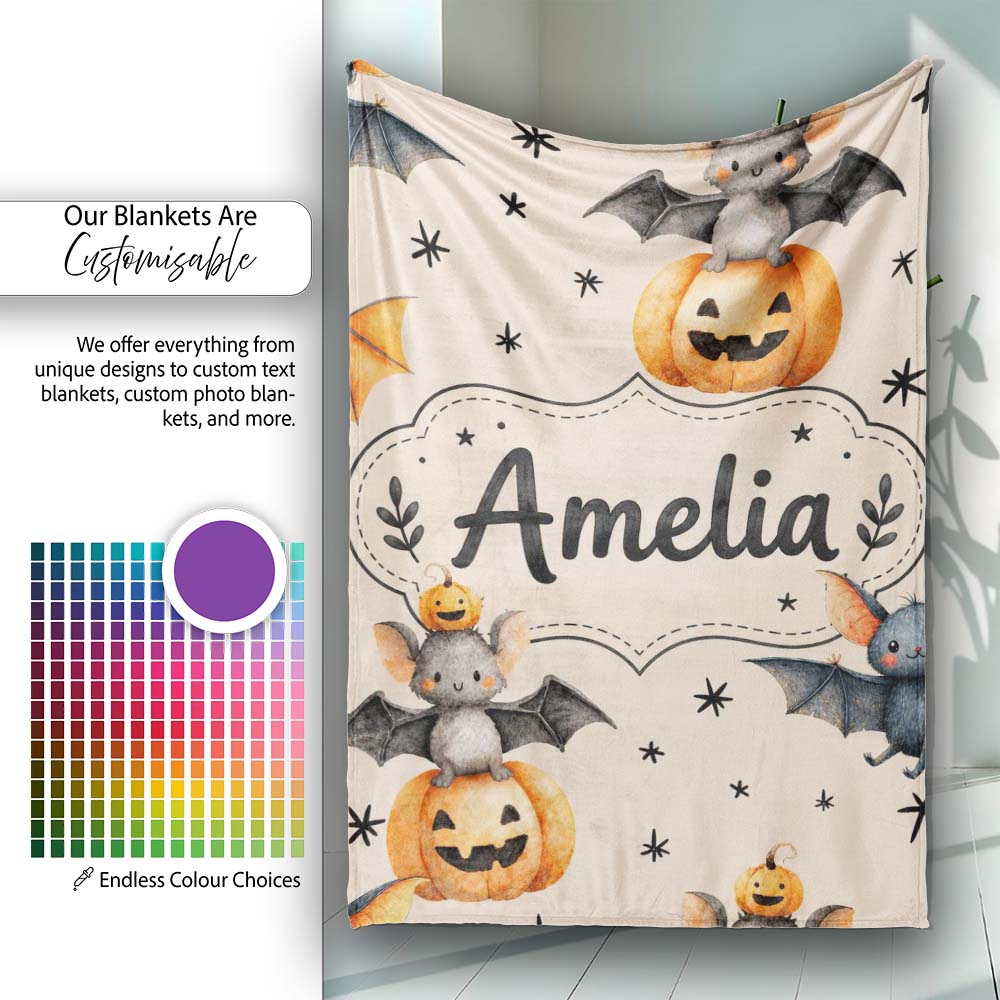 Cute Halloween Bats Sitting on Pumpkins with Stars Beige Background  Personalised Custom Name Super Soft Fleece Blanket Bed Sofa Throw