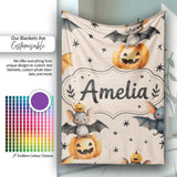 Cute Halloween Bats Sitting on Pumpkins with Stars Beige Background  Personalised Custom Name Super Soft Fleece Blanket Bed Sofa Throw