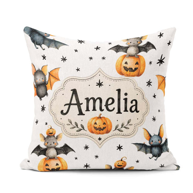Custom Name Halloween Bats Sitting on with Stars Grey Background Square Filled Cushion Throw Pillow Sofa Bed Home Decor Zip Washable UK Made