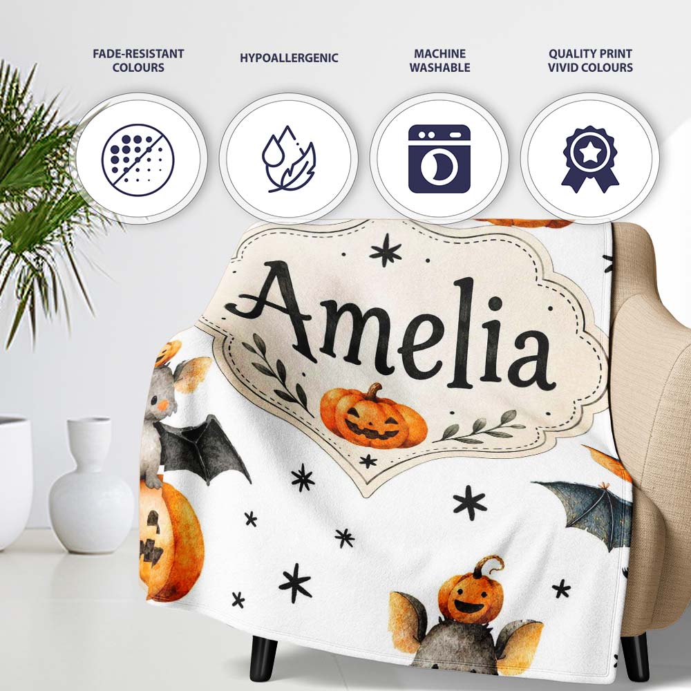 Cute Halloween Bats Sitting on Pumpkins with Stars Grey Background  Personalised Custom Name Super Soft Fleece Blanket Bed Sofa Throw