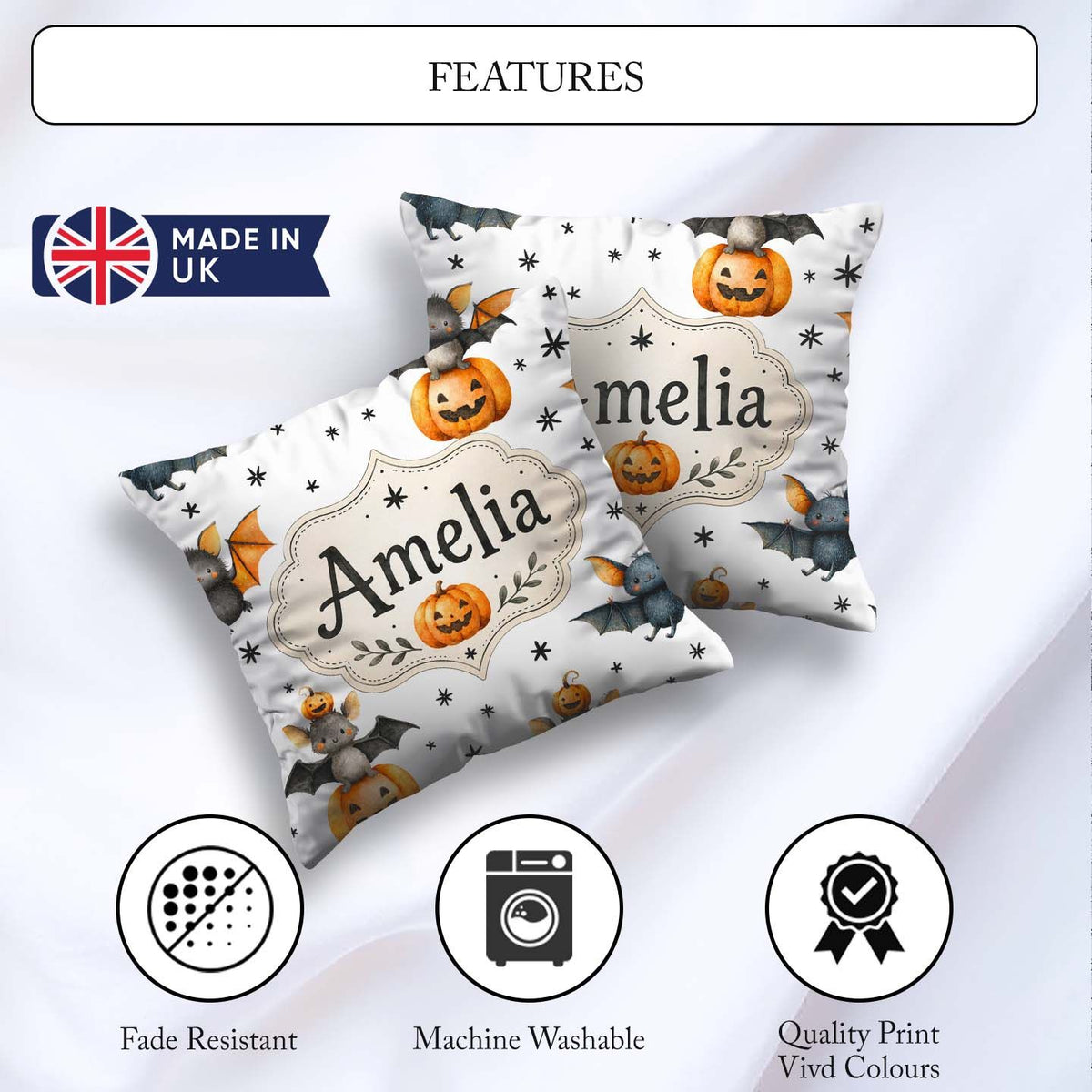 Custom Name Halloween Bats Sitting on with Stars Grey Background Square Filled Cushion Throw Pillow Sofa Bed Home Decor Zip Washable UK Made