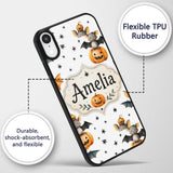 Cute Halloween Bats Sitting on Pumpkins with Custom Name Protective Phone Case Mobile Cover Durable Everyday Smartphone Shock Resistant