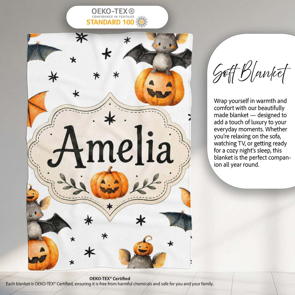 Cute Halloween Bats Sitting on Pumpkins with Stars Grey Background  Personalised Custom Name Super Soft Fleece Blanket Bed Sofa Throw
