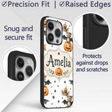 Cute Halloween Bats Sitting on Pumpkins with Custom Name Protective Phone Case Mobile Cover Durable Everyday Smartphone Shock Resistant