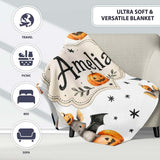 Cute Halloween Bats Sitting on Pumpkins with Stars Grey Background  Personalised Custom Name Super Soft Fleece Blanket Bed Sofa Throw