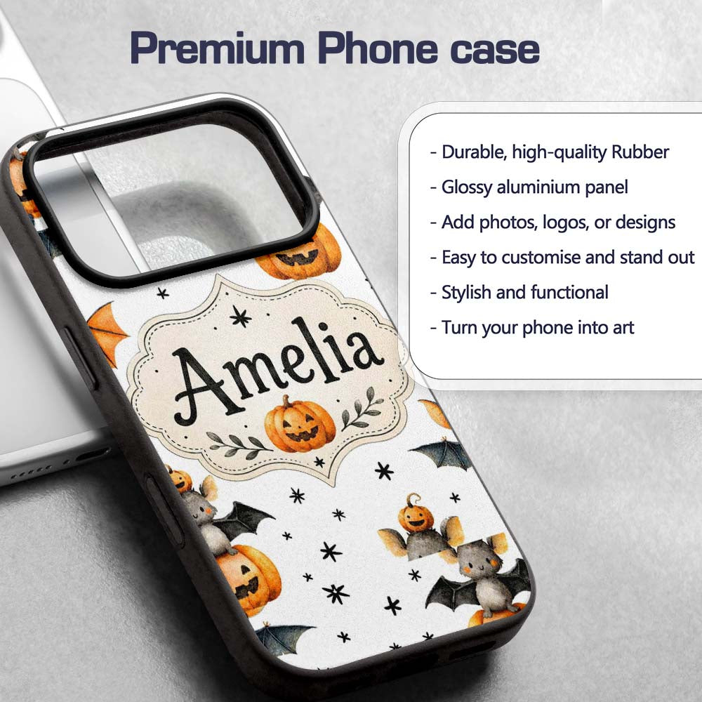 Cute Halloween Bats Sitting on Pumpkins with Custom Name Protective Phone Case Mobile Cover Durable Everyday Smartphone Shock Resistant