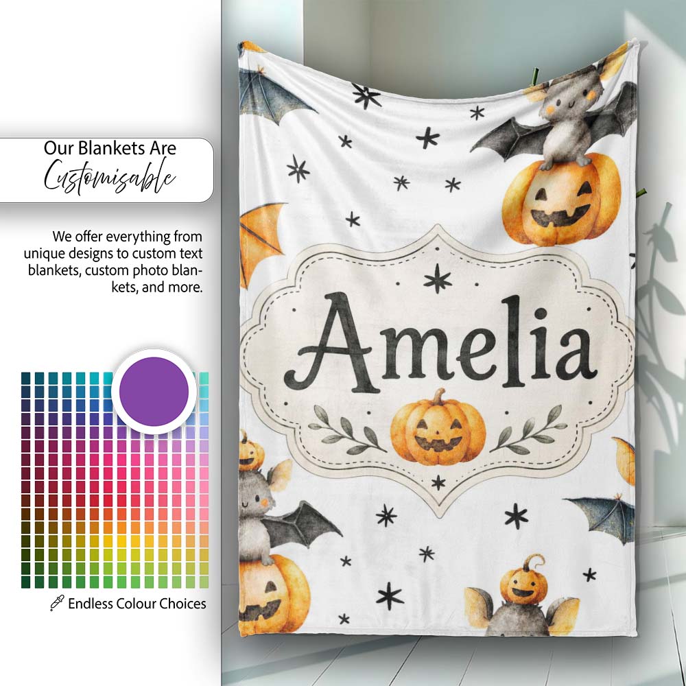 Cute Halloween Bats Sitting on Pumpkins with Stars Grey Background  Personalised Custom Name Super Soft Fleece Blanket Bed Sofa Throw