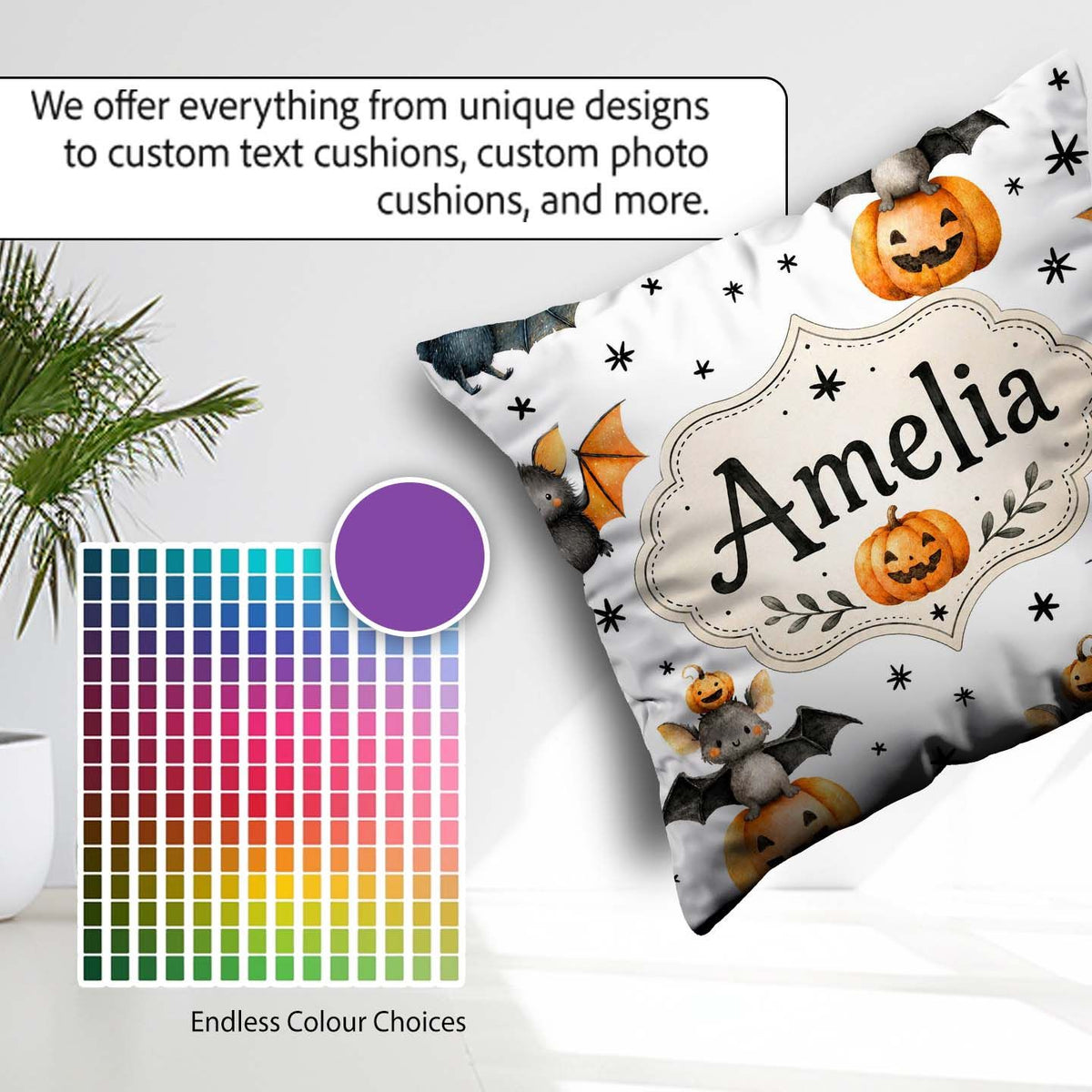 Custom Name Halloween Bats Sitting on with Stars Grey Background Square Filled Cushion Throw Pillow Sofa Bed Home Decor Zip Washable UK Made