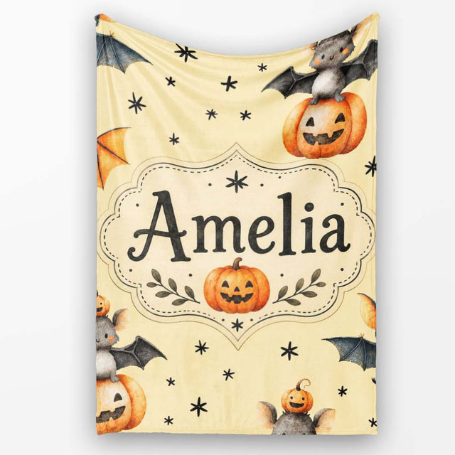 Cute Halloween Bats Sitting on Pumpkins with Stars Yellow Background  Personalised Custom Name Super Soft Fleece Blanket Bed Sofa Throw