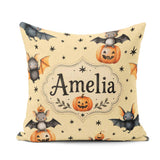 Custom Name Halloween Bats Sitting on Pumpkins with Stars Yellow Square Filled Cushion Throw Pillow Sofa Bed Home Decor Zip Washable UK Made