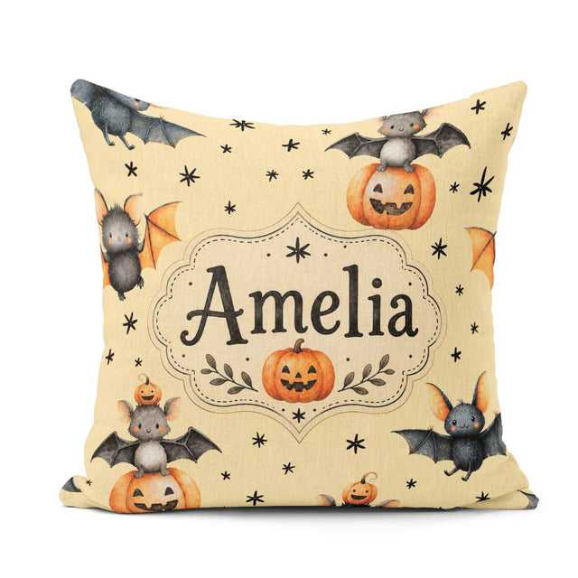 Custom Name Halloween Bats Sitting on Pumpkins with Stars Yellow Square Filled Cushion Throw Pillow Sofa Bed Home Decor Zip Washable UK Made