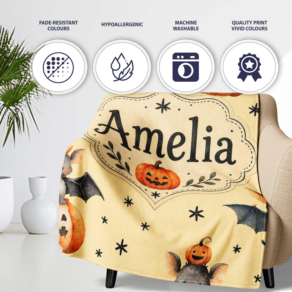 Cute Halloween Bats Sitting on Pumpkins with Stars Yellow Background  Personalised Custom Name Super Soft Fleece Blanket Bed Sofa Throw