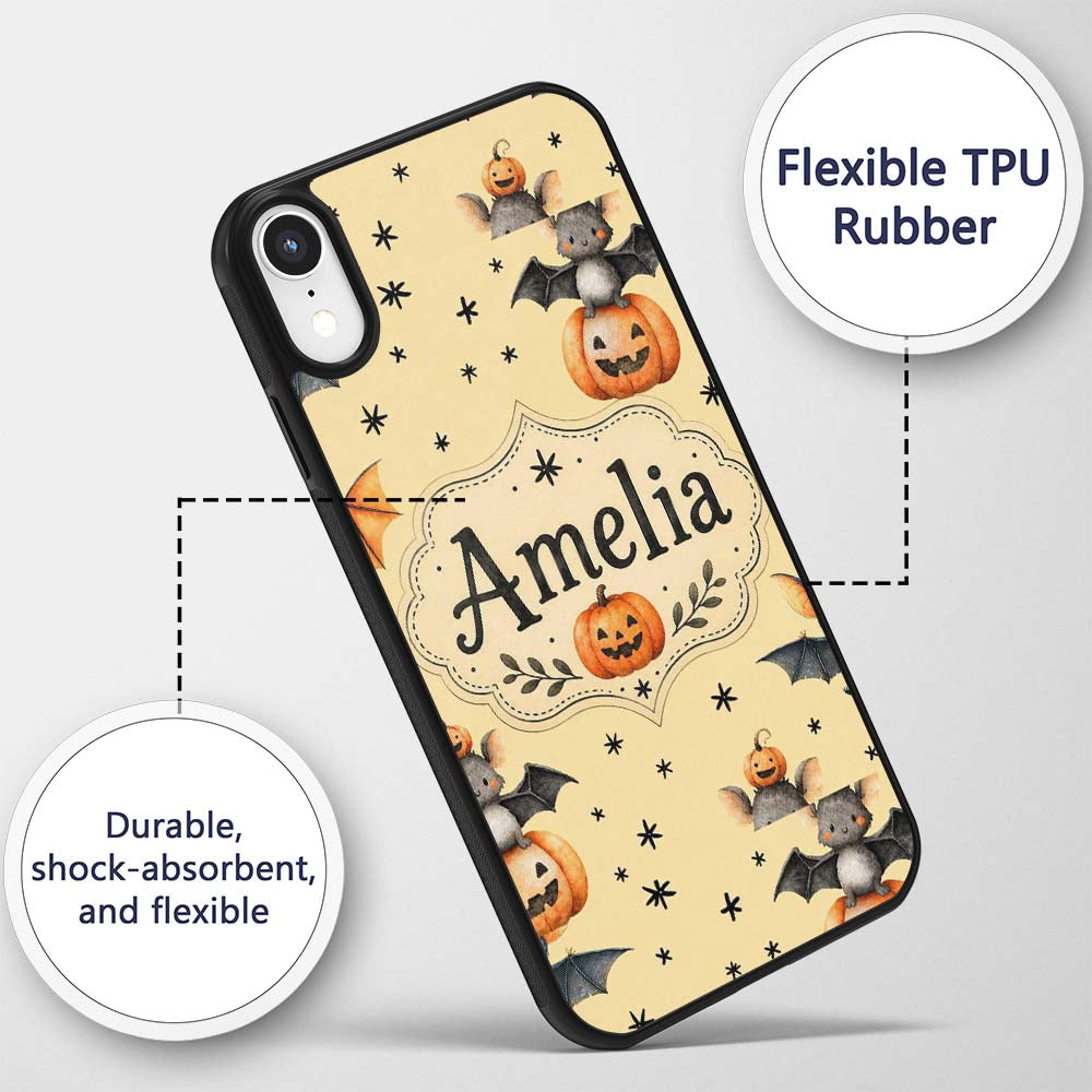 Cute Halloween Bats Sitting on Pumpkins with Custom Name Protective Phone Case Mobile Cover Durable Everyday Smartphone Shock Resistant