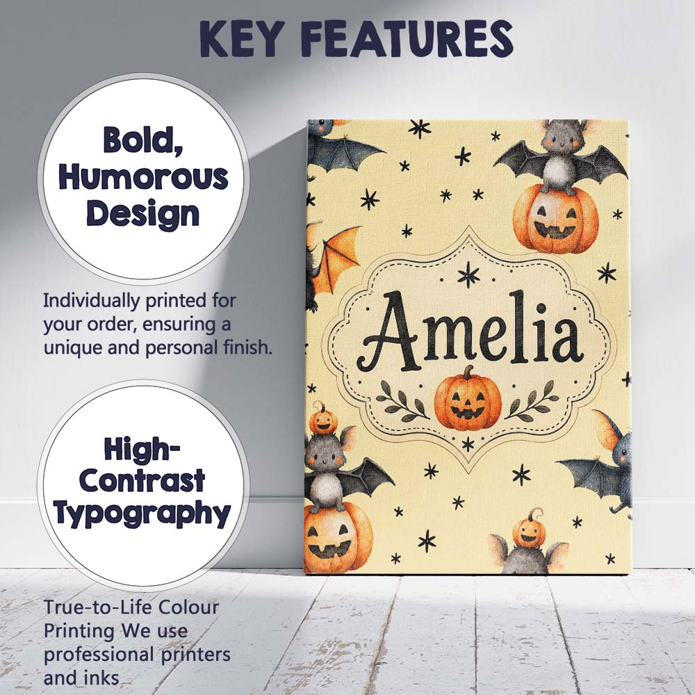 Personalised Name Cute Halloween Bats Custom Modern Room Accent Creative Decorator Style Canvas Wall Art Print Decor Picture Ready to Hang