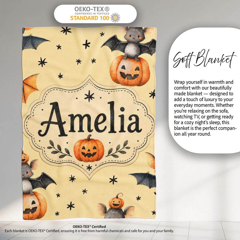 Cute Halloween Bats Sitting on Pumpkins with Stars Yellow Background  Personalised Custom Name Super Soft Fleece Blanket Bed Sofa Throw