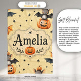 Cute Halloween Bats Sitting on Pumpkins with Stars Yellow Background  Personalised Custom Name Super Soft Fleece Blanket Bed Sofa Throw