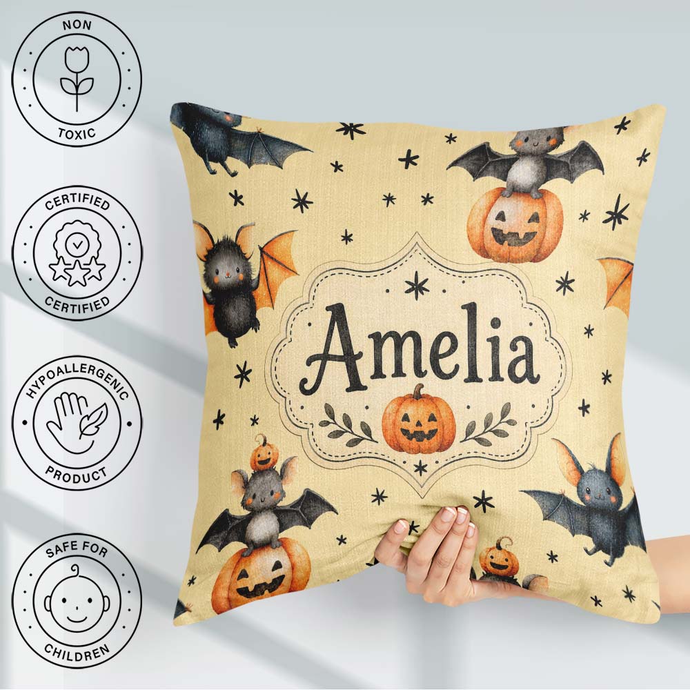 Custom Name Halloween Bats Sitting on Pumpkins with Stars Yellow Square Filled Cushion Throw Pillow Sofa Bed Home Decor Zip Washable UK Made