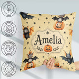 Custom Name Halloween Bats Sitting on Pumpkins with Stars Yellow Square Filled Cushion Throw Pillow Sofa Bed Home Decor Zip Washable UK Made