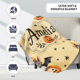 Cute Halloween Bats Sitting on Pumpkins with Stars Yellow Background  Personalised Custom Name Super Soft Fleece Blanket Bed Sofa Throw