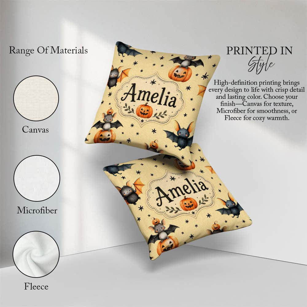 Custom Name Halloween Bats Sitting on Pumpkins with Stars Yellow Square Filled Cushion Throw Pillow Sofa Bed Home Decor Zip Washable UK Made