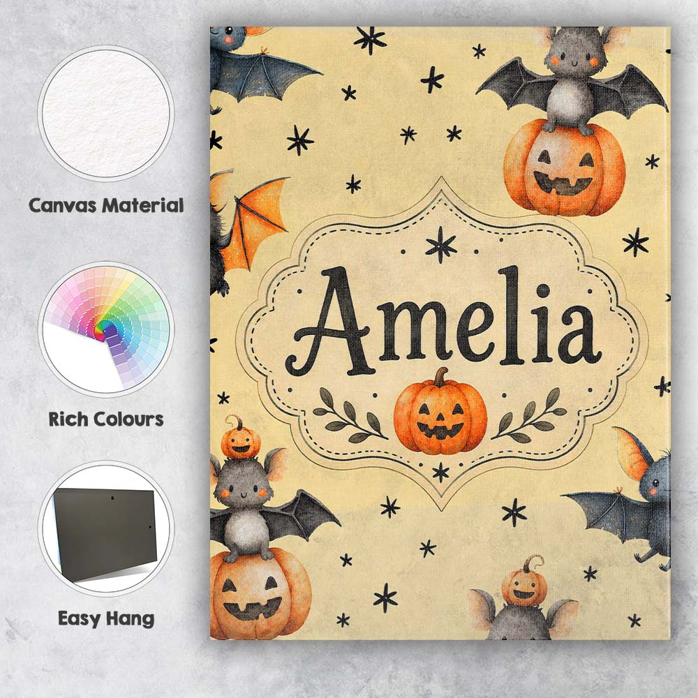 Personalised Name Cute Halloween Bats Custom Modern Room Accent Creative Decorator Style Canvas Wall Art Print Decor Picture Ready to Hang
