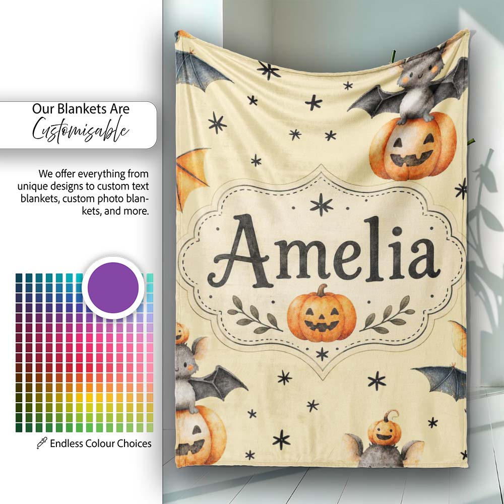 Cute Halloween Bats Sitting on Pumpkins with Stars Yellow Background  Personalised Custom Name Super Soft Fleece Blanket Bed Sofa Throw