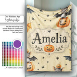 Cute Halloween Bats Sitting on Pumpkins with Stars Yellow Background  Personalised Custom Name Super Soft Fleece Blanket Bed Sofa Throw