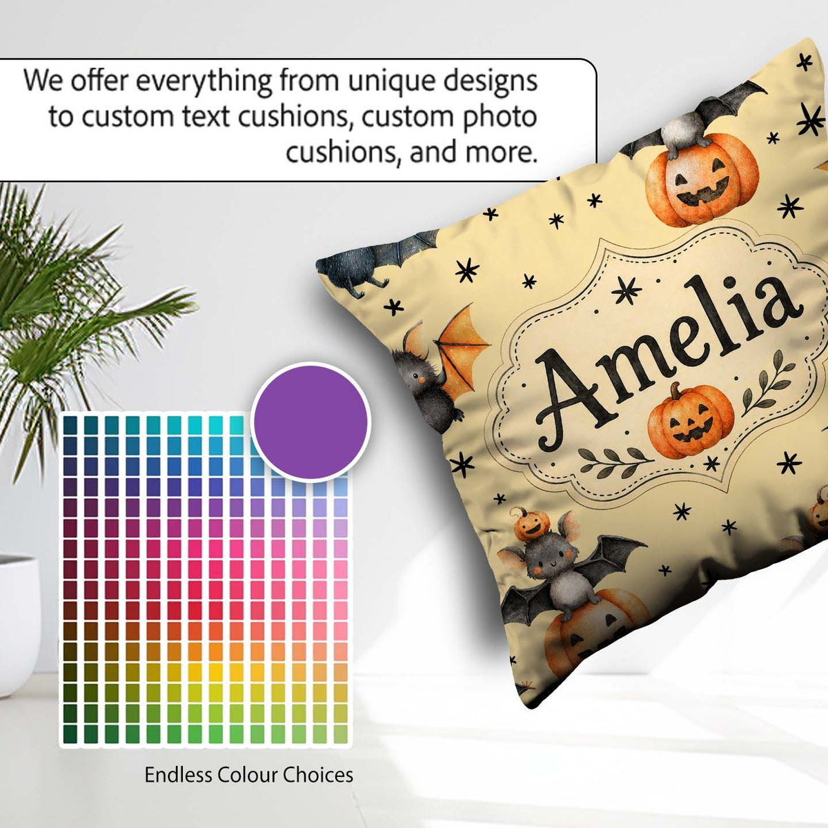 Custom Name Halloween Bats Sitting on Pumpkins with Stars Yellow Square Filled Cushion Throw Pillow Sofa Bed Home Decor Zip Washable UK Made