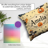Custom Name Halloween Bats Sitting on Pumpkins with Stars Yellow Square Filled Cushion Throw Pillow Sofa Bed Home Decor Zip Washable UK Made