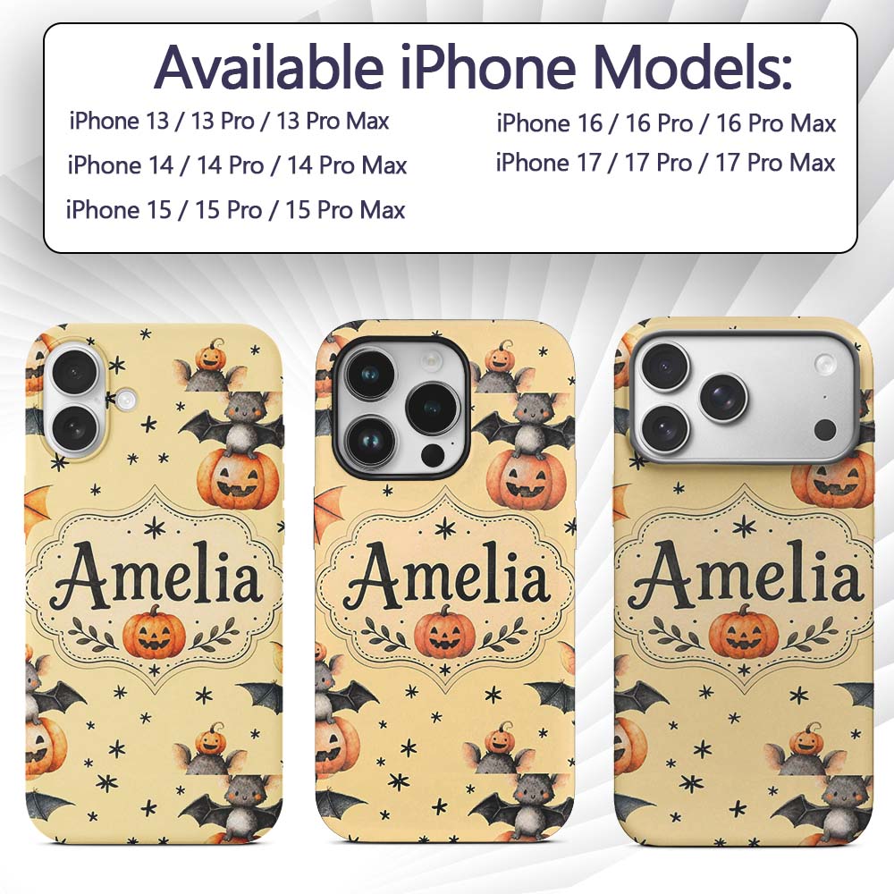 Cute Halloween Bats Sitting on Pumpkins with Custom Name Protective Phone Case Mobile Cover Durable Everyday Smartphone Shock Resistant