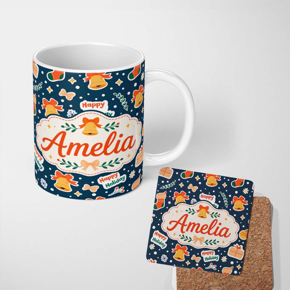 Personalized Custom Name Happy Holiday Bells Gift Winter Festive Seamless Pattern Lovely 11oz Ceramic Coffee Tea Mug White Large Handle