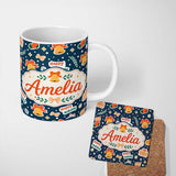 Personalized Custom Name Happy Holiday Bells Gift Winter Festive Seamless Pattern Lovely 11oz Ceramic Coffee Tea Mug White Large Handle