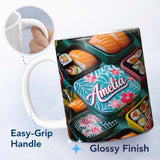 Personalized Custom Name Colorful Sushi Bento Boxes with Salmon and Rolls Pattern Food Theme 11oz Ceramic Coffee Tea Mug White Large Handle